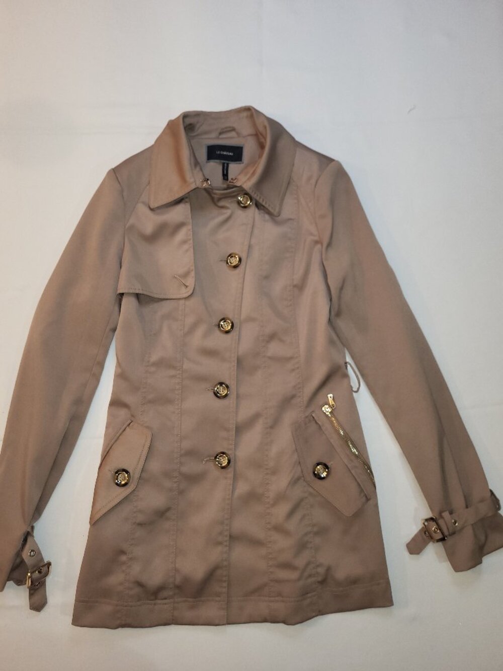 Le Château Women’s Beige Trench Coat XXS Gold Button Lightweight Jacket